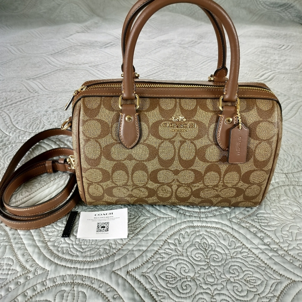 NWOT Coach Brown Rowan Satchel Bag in Signature Canvas Gold Khaki Crossbody